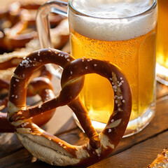 Hearty pretzels and refreshing beer on a wooden table