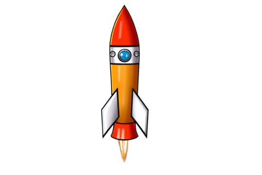Cartoon style rocket taking off. Space travel and exploration concept. Illustration for educational materials, children book.