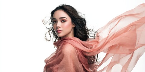 Elegant woman with flowing pink scarf. Beautiful, soft lighting. Ideal for beauty, fashion, and cosmetics.