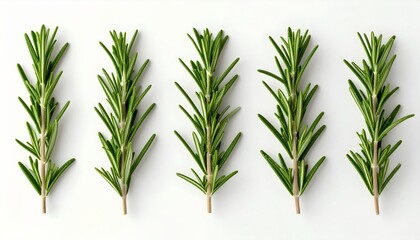 Obraz premium Five Sprigs of Fresh Green Rosemary on White Background