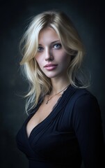 Naklejka premium Elegant blonde woman portrait. Dark background, moody atmosphere. Ideal for fashion, beauty, and cosmetic advertising.