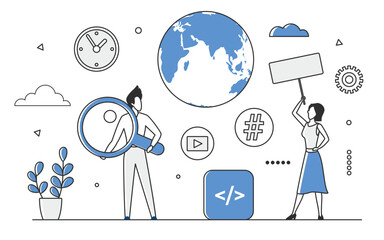 Global commerce online marketplace retail sales. Worldwide retail trading shopping platform vector monocolor illustration