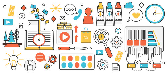 Graphic design technology, startup and art studio. Abstract creative artwork and drawing tools for artist work symbols, team from agency of in infographic concept banner, thin line art design