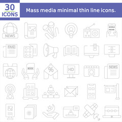  Mass media minimal thin line icons. Related news press, newspaper journalism.