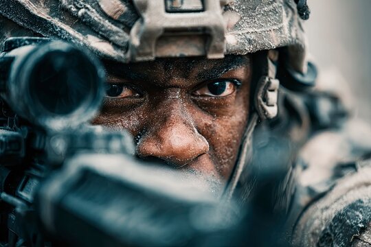 Closeup of a soldiers intense gaze rifle in focus wearing camouflage gear and helmet dusted with snow