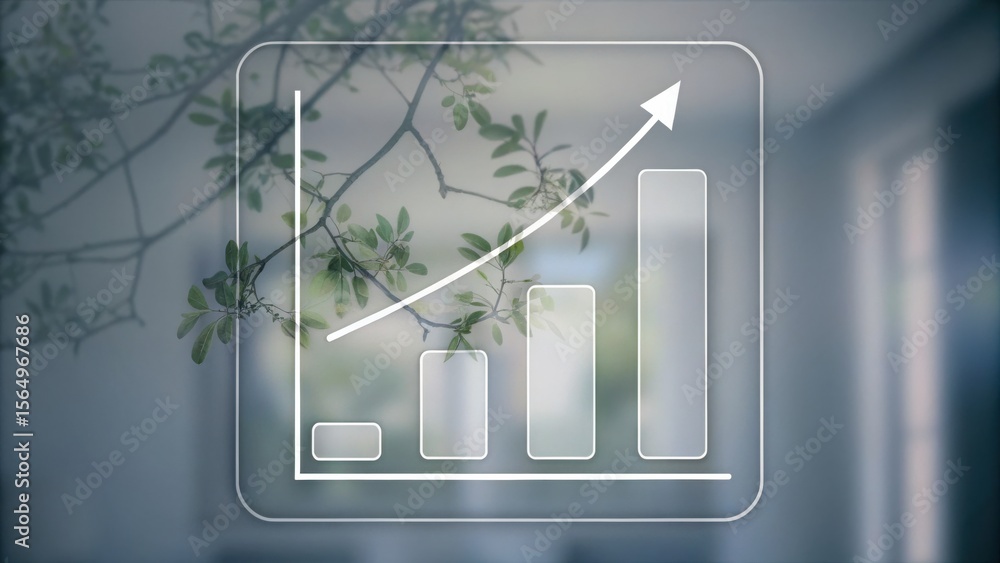 Aufkleber a transparent bar graph with an upward arrow is overlaid on a blurred background with green leaves a