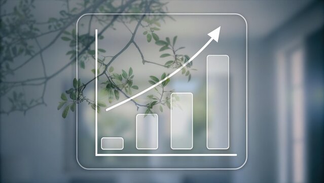 A transparent bar graph with an upward arrow is overlaid on a blurred background with green leaves and soft light.