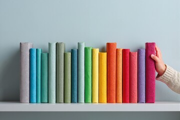 A shelf with books in a bright cover, the hand of a small child reaching for books
