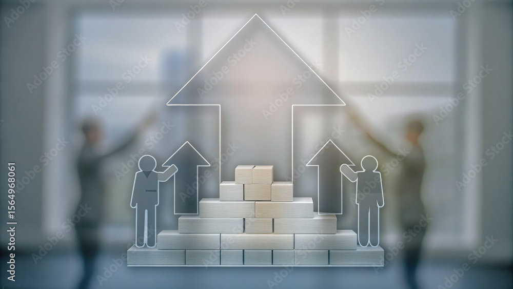 Poster two blurred figures point at a transparent growth chart with arrows and blocks, symbolizing teamwork