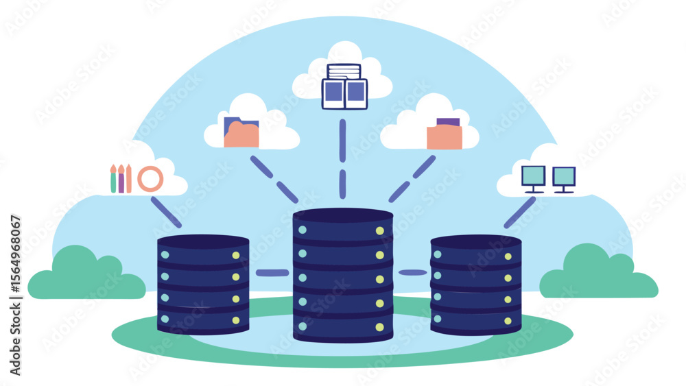 Poster illustration of three data servers connected to cloud storage and desktop computers in a network sys