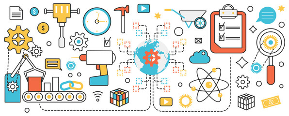 Industry, production process, machinery and equipment. Abstract machine line for assembly of products with conveyor belt, automation manufacture in infographic concept banner, thin line art design
