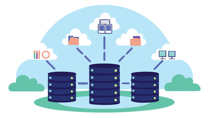Naklejka premium Illustration of three data servers connected to cloud storage and desktop computers in a network system