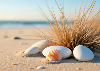 A serene beach scene, shallow depth of field, three smooth white stones on a sandy beach, with a light orange scallop shell in the middle