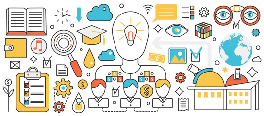 Science future innovation process, space research. Abstract development with team of scientists, telescopes in observatory, education and vision in infographic concept banner, thin line art design