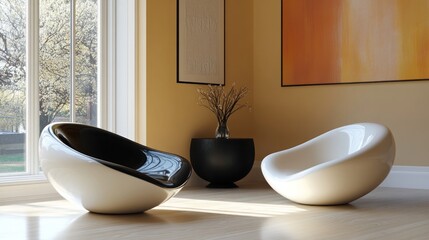 Modern, comfortable, minimalist,  stylish,  two  stylish  armchairs in a bright,  contemporary living room with large window, showcasing  natural light,  and abstract art.