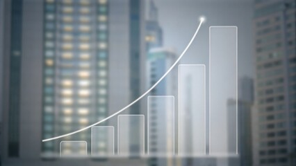 A transparent upward bar graph overlaying a cityscape, symbolizing business growth and urban progress.