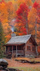 A rustic cabin surrounded by fall foliage.