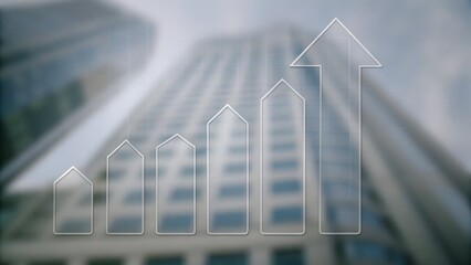 A transparent upward arrow graph overlays a tall office building, symbolizing business growth and success.