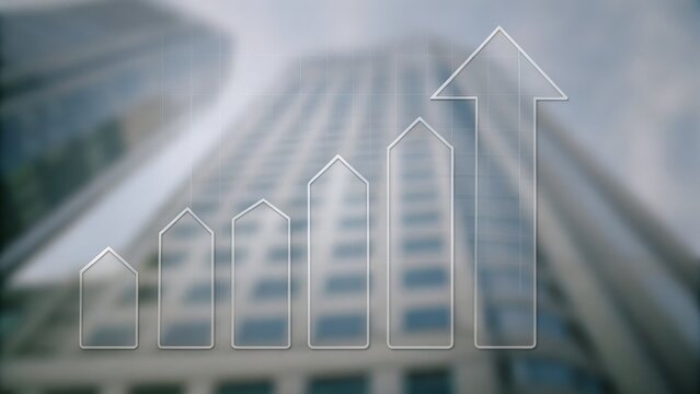 A transparent upward arrow graph overlays a tall office building, symbolizing business growth and success.