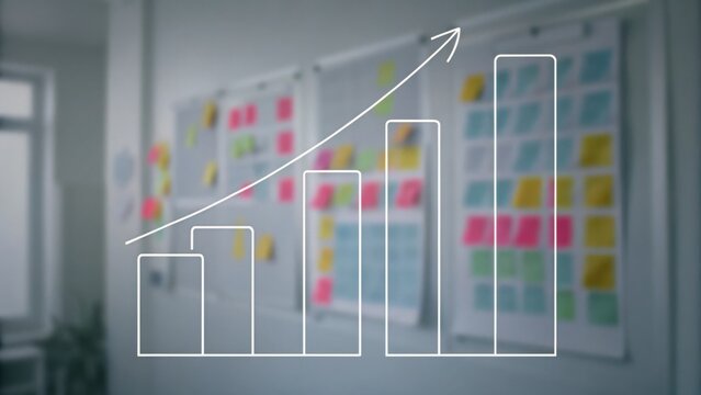 A bar graph with a rising trend line is overlaid on a blurred office board filled with colorful sticky notes.