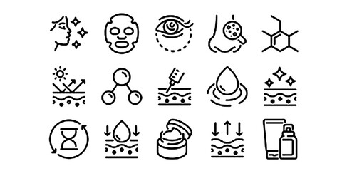 Skin care editable stroke outline icons set isolated on white background flat vector illustration.
