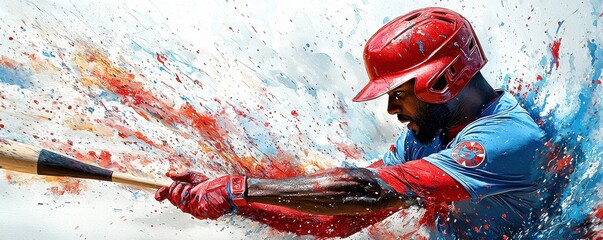 Dynamic baseball player hitting with energy and determination captured in vibrant colors