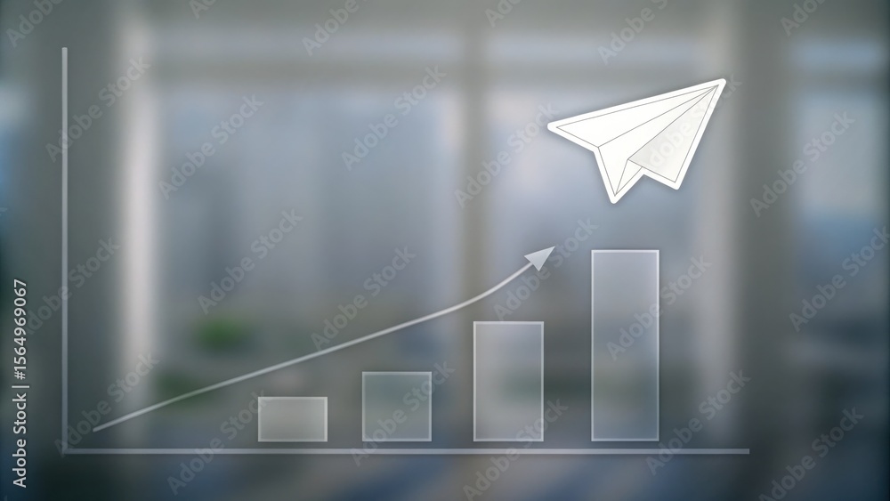 Poster a bar graph with an upward trend and a paper airplane symbolizing growth and progress.