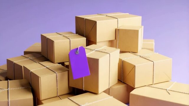 Pile of stacked tan-colored shipping boxes tied with twine against a violet background with a single violet label, flat lay, studio shot