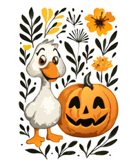 Fototapeta premium Halloween Goose and Jack-o’-Lantern PNG – Cute Cartoon Goose with Smiling Pumpkin, Yellow Flowers, and Autumn Leaves – Fun Clipart for Kids, Crafts, Stickers, and Decor