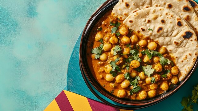 Chana masala with kulcha isolated on a colorful background