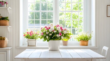 Fototapeta premium White Table Flowers Spring Window Sunlight Home Decor
