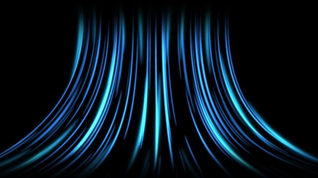 Cold air flow from conditioner effect. air light effect with blue rays. Freezing wind waves air blowing effect. Abstract directional optical fiber neon lines on black Background. Air cooling process