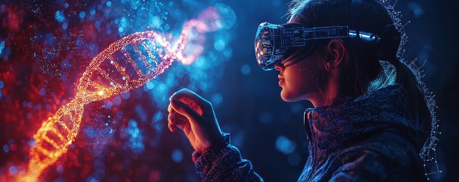 Woman wearing VR headset examining virtual DNA strand in futuristic setting - Powered by Adobe