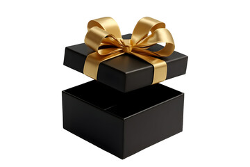 Elegant open gift box with a golden ribbon bow offers a sense of anticipation and luxury.