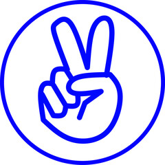 A blue peace hand icon in a circle