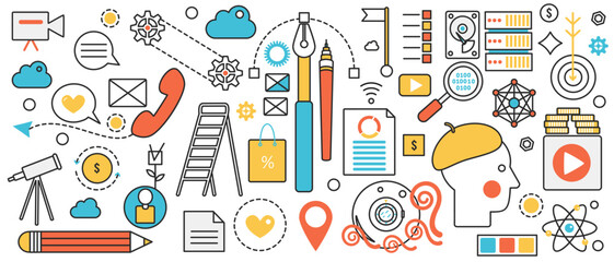 Business research and digital marketing technology. Abstract process of creative content creation, advertising and financial support of art project in infographic concept banner, thin line art design