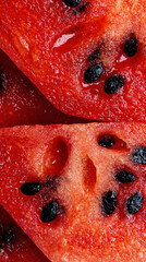 Large watermelon wedges close up. Bright red flesh with a shiny texture and black seeds