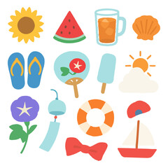 夏のイラストセット　ひまわり・スイカ・海モチーフ