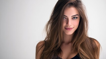 Naklejka premium Beautiful woman portrait. Perfect for beauty, fashion, and haircare advertising. Ideal for websites and social media.