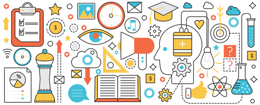 Abstract science innovation and education technology. Creative modern process of scientific research and knowledge, laboratory test experiment in infographic concept banner, thin line art design