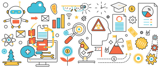 Science research of environment issues. Abstract scientific innovation eco technology, robots and smart equipment for environmental protection in infographic concept banner, thin line art design