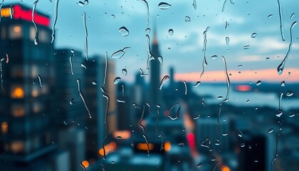 Close-up of rain-streaked window, city skyline wallpaper blurred behind,  high-resolution,  skyline