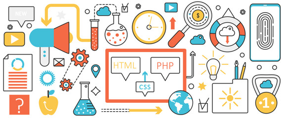 Web site development. Abstract software project, fingerprint recognition on screen of mobile phone, script program and website digital platform in infographic concept banner, thin line art design