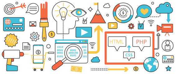 Web site support and maintenance service. Abstract website development, technical internet support and code system, repair of connection problem in infographic concept banner, thin line art design