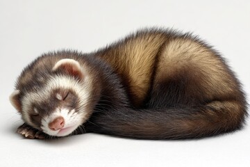 Domestic Animals Ferret. Sable Ferret Rolling and Playing Isolated. Pet Mammal in Horizontal Photo