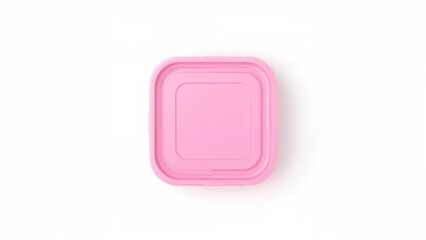 Square pink plastic food container on white background