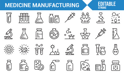A Collection of Medicine Manufacturing Icons Featuring Laboratory Equipment, Syringes, Bottles, and Medical Tools