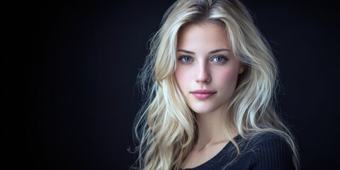 Naklejka premium Stunning blonde woman portrait. Elegant, sophisticated style. Ideal for beauty, fashion, and cosmetics advertising. Perfect for websites, blogs, and social media.