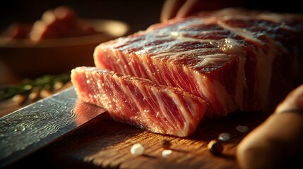 Raw marbled meat slices with knife and seasoning raw meat beef