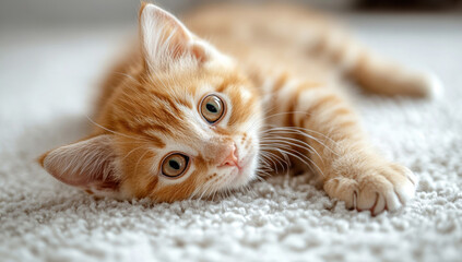 Ginger kitten lounging peacefully on sunlit floor, soft fur gleaming amid cozy home setting, embodying pure feline contentment